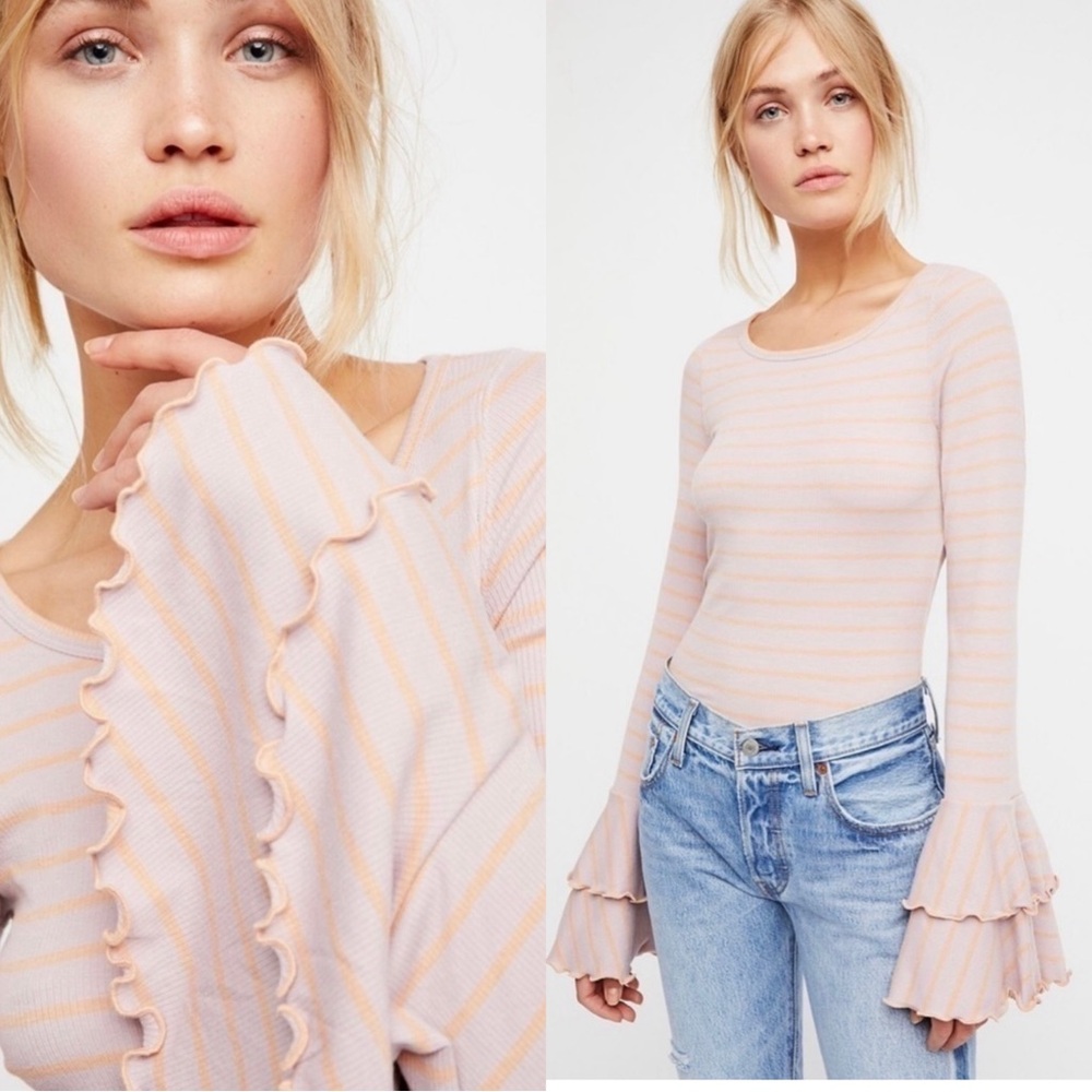 Free People Good Find Bell Sleeve Top in Dusty Pink Stripe Sz. Medium